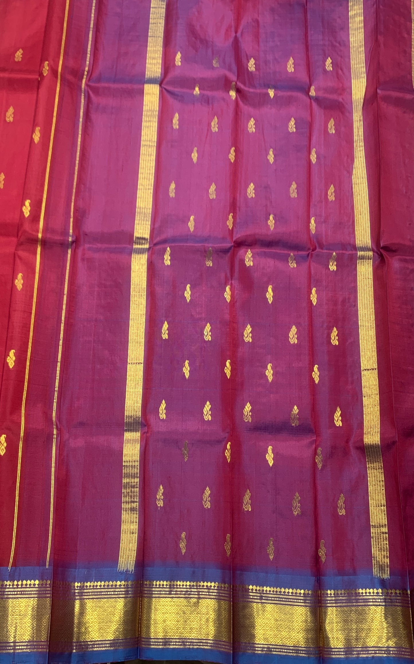 Pure Kanchipuram Silk Saree Maroon Colour with Blue and Gold Zari Border