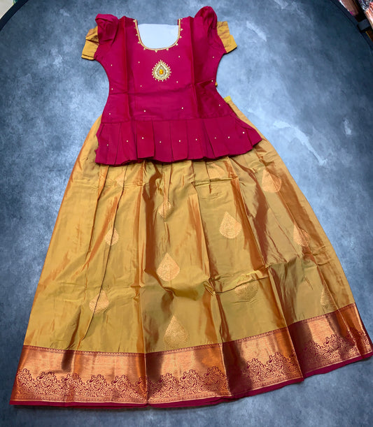 Ready To Wear Golden Pavadai with Contrast Pink Blouse