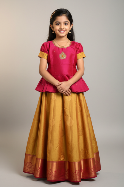 Ready To Wear Golden Pavadai with Contrast Pink Blouse