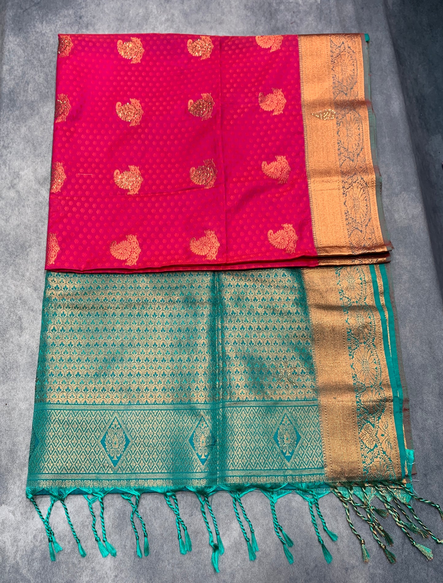 Soft Vegan Silk Saree Pink Colour with Rama Green and Copper Border