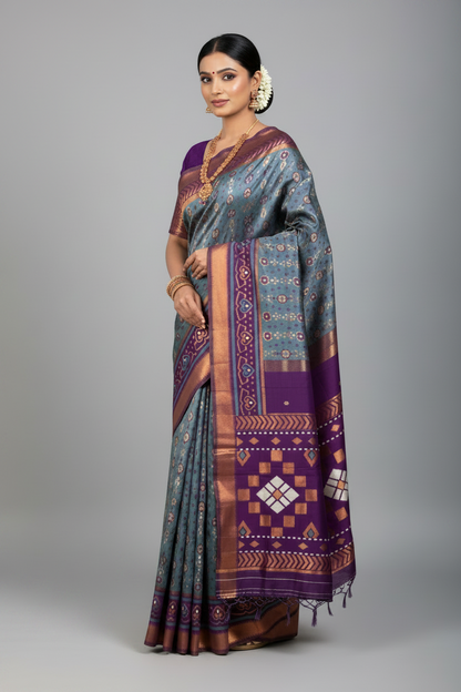 Pochampalli Semi Silk Saree Gray Colour with Magenta Border