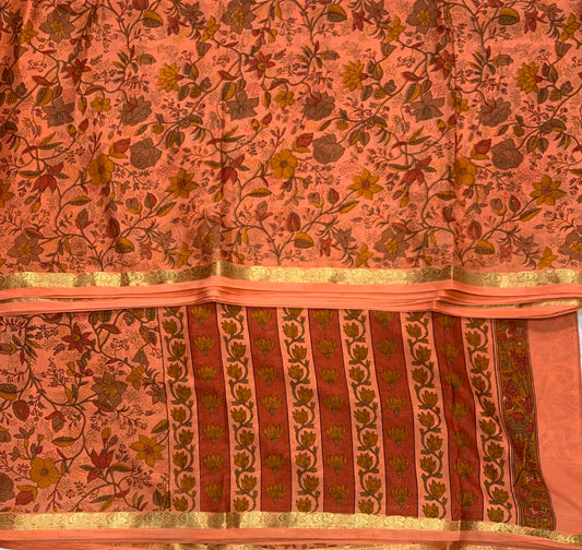 Crepe Saree Peach Colour with Floral Design