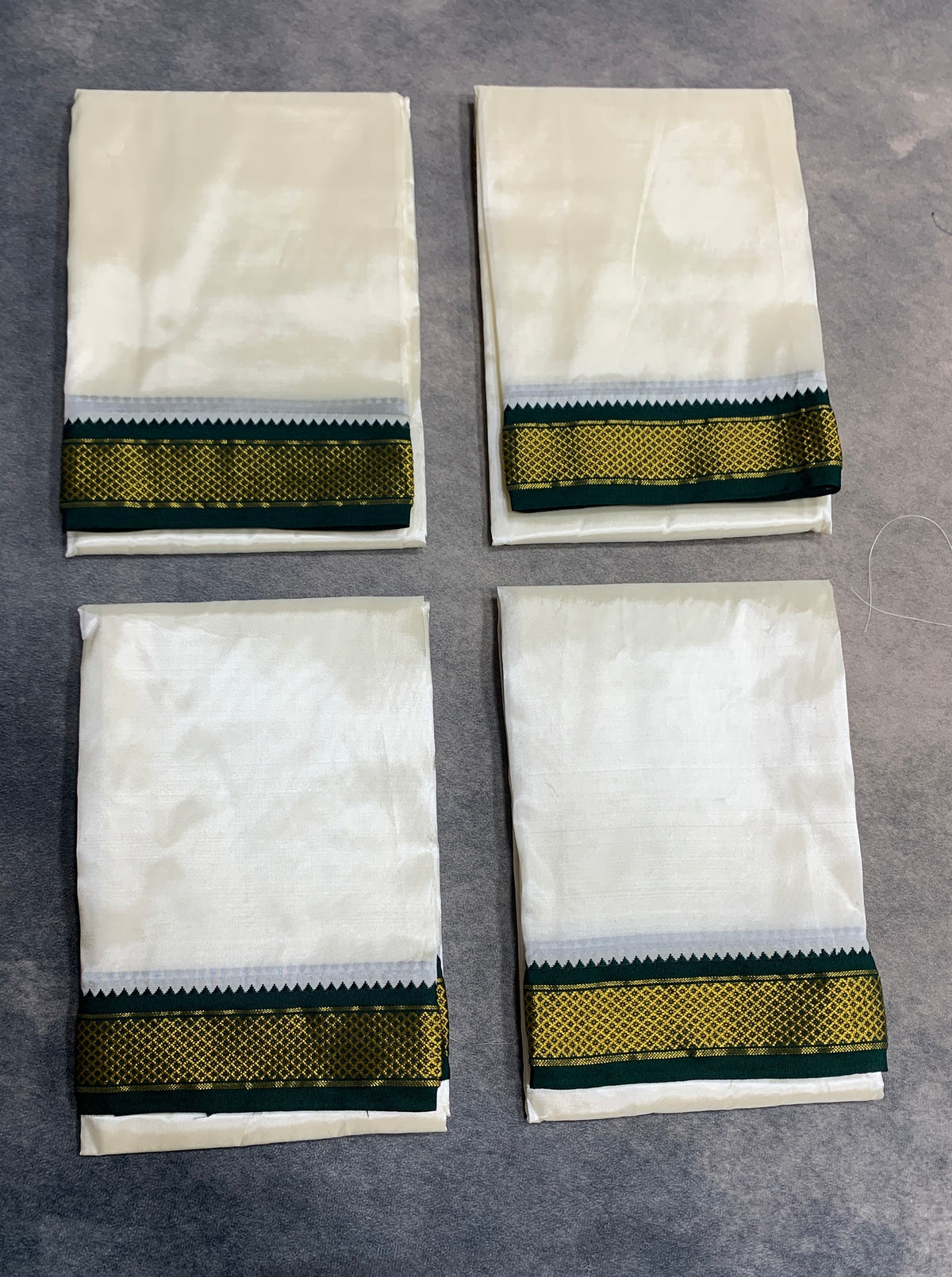 Art Silk Pooja Towel Cream with Small Ganga Jamuna(Green/ Maroon) Border - Pack of 4