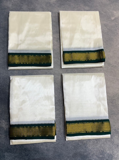 Art Silk Pooja Towel Cream with Small Ganga Jamuna(Green/ Maroon) Border - Pack of 4