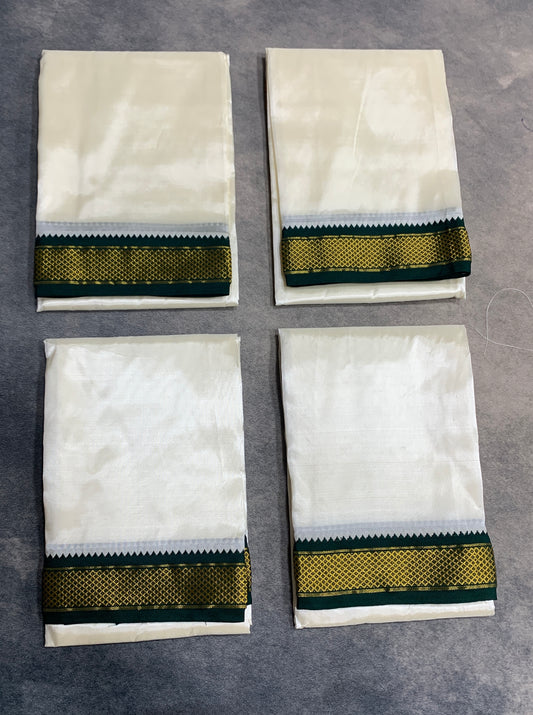 Art Silk Pooja Towel Cream with Small Ganga Jamuna(Green/ Maroon) Border - Pack of 4