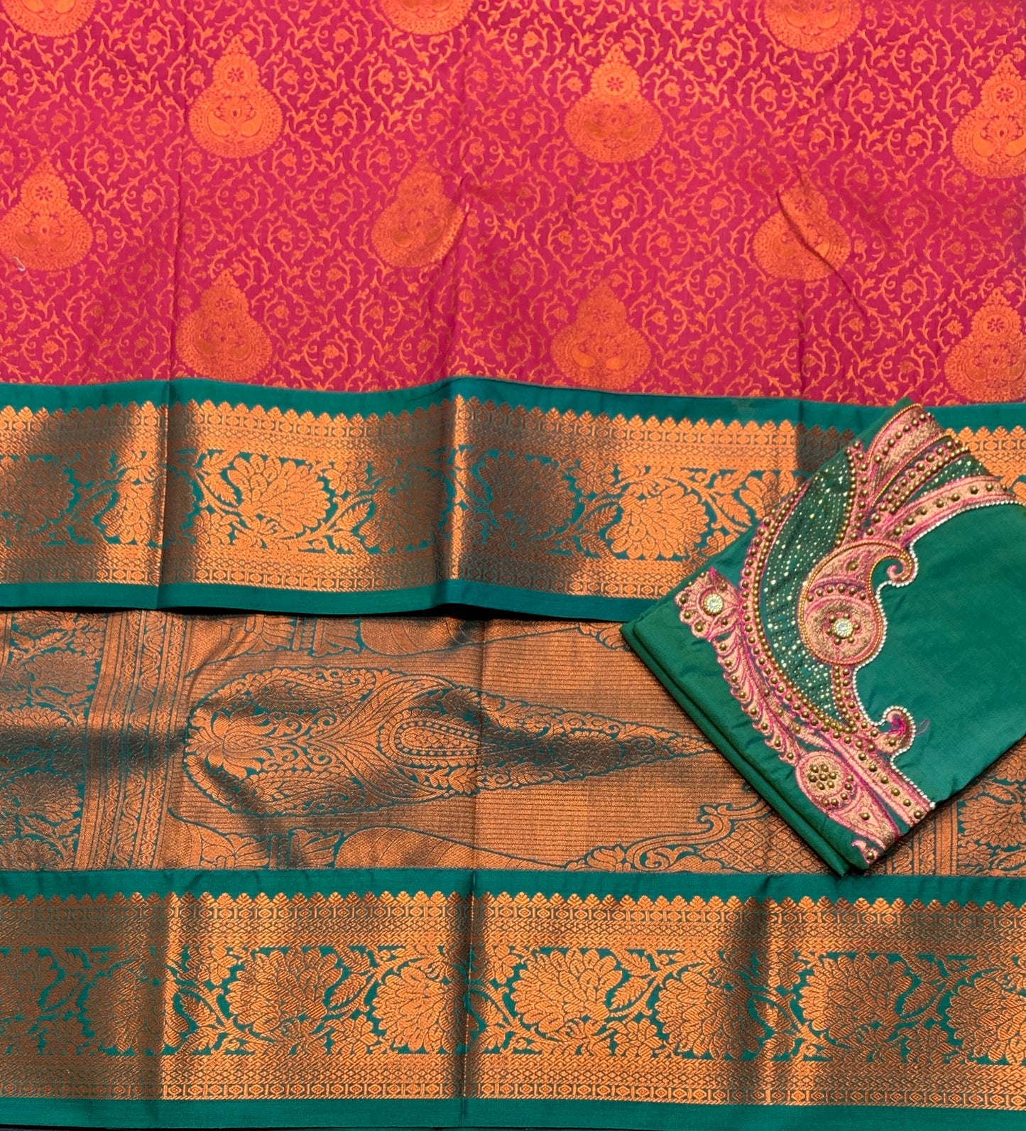 Bridal Vegan Silk Saree Red Colour with Rama Green Border with Unstitched blouse in Aari Work