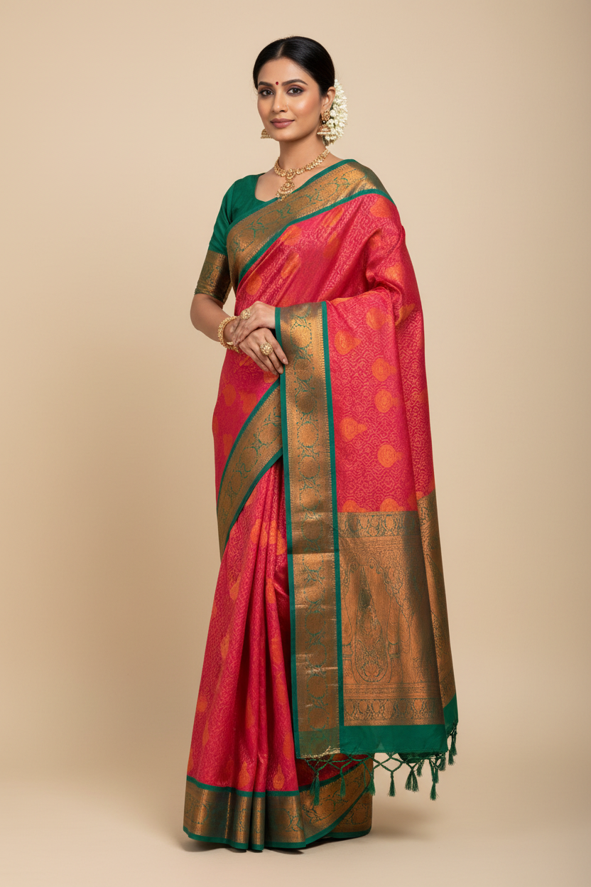 Bridal Vegan Silk Saree Red Colour with Rama Green Border with Unstitched blouse in Aari Work