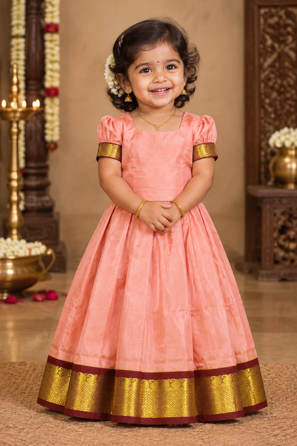Peach Shade Pure Kanchipuram Kids Pattu Pavadai with Contrast Border for age 2 to 5