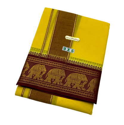 9X5 Cotton Dhoti Yellow Maroon and Green Border with Angavastram