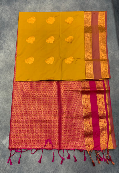 Soft Vegan Silk Saree Yellow Colour with Rettai Pettu Border