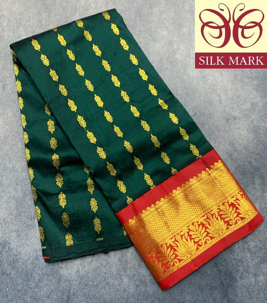 Green Shade Pure Kanchipuram Kids Pattu Pavadai with Contrast Border for age 2 to 5
