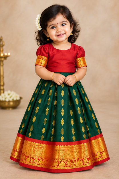Green Shade Pure Kanchipuram Kids Pattu Pavadai with Contrast Border for age 2 to 5