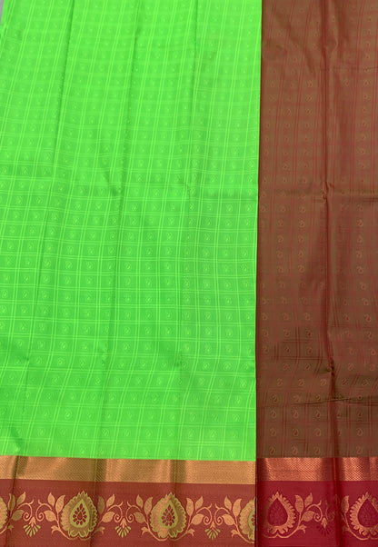 Synthetic Cotton Saree Apple Green Shade with Maroon Border