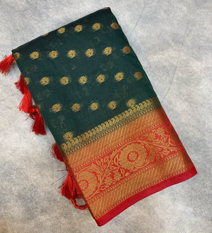 Crepe Saree Green Colour with Maroon Border