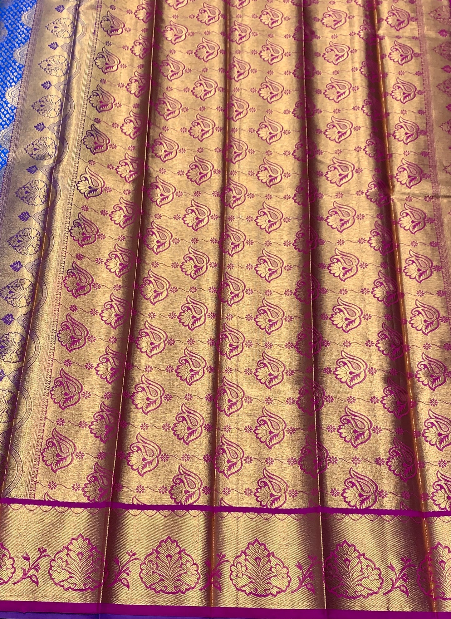 Vegan Silk Saree Blue Colour with Pink and Copper Border