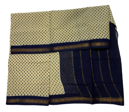 9 yards Cotton Saree Half White Colour with Navy Blue Border