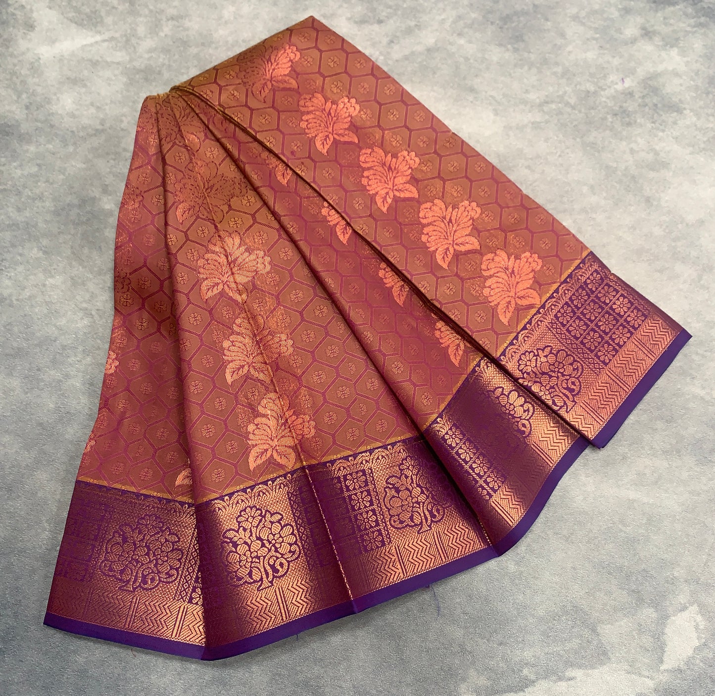 Vegan Silk Saree Brown Colour Saree with Copper and Floral Design