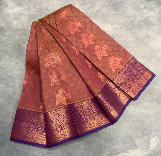 Vegan Silk Saree Brown Colour Saree with Copper and Floral Design