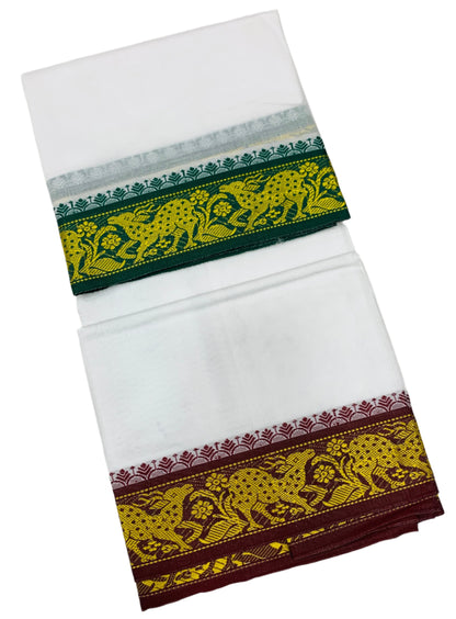 9X5 Cotton Dhoti White Colour with Green and Brown Border