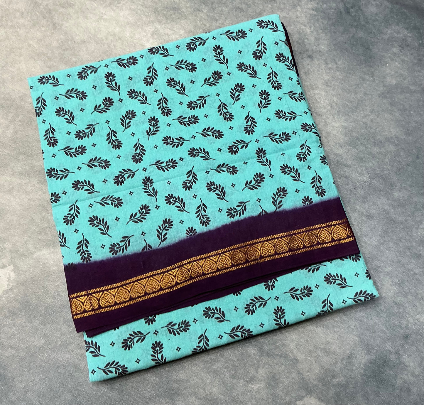 Chettinad Sungudi Cotton Sapphire Colour with Brown Colour Border
