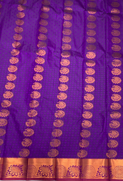 Vegan Silk Saree Violet Colour with Copper and Pink Border