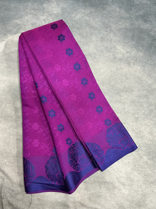 Purple Colour silk cotton Saree with Blue Border