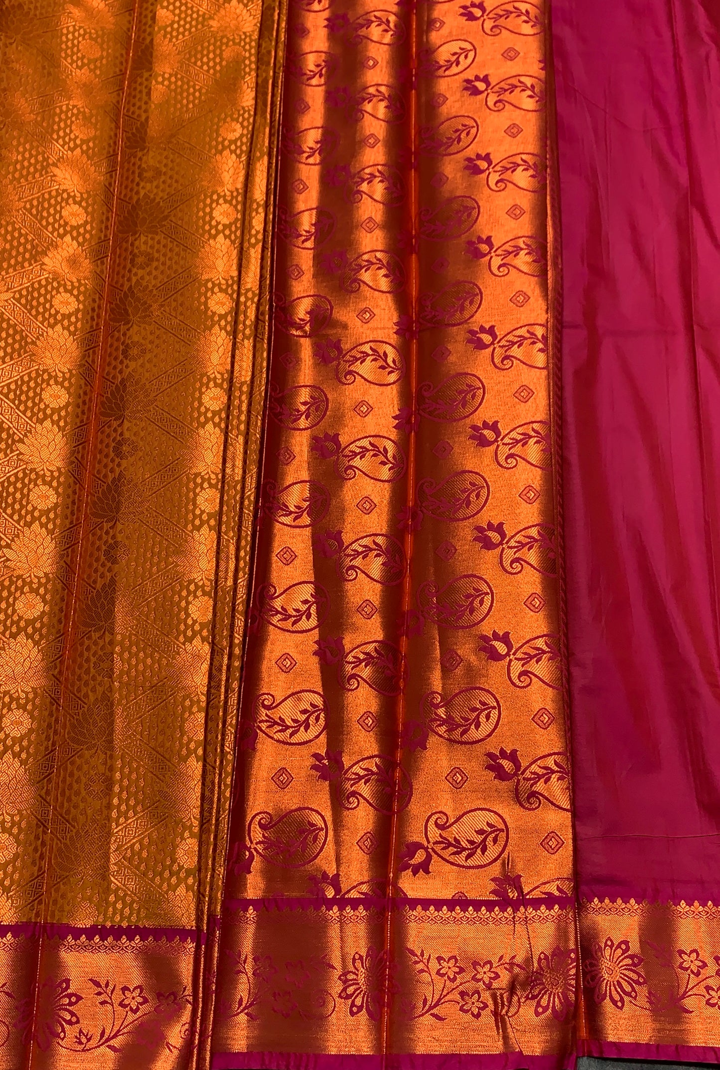 Vegan Silk Saree Golden Yellow Colour with Pink and Copper Border