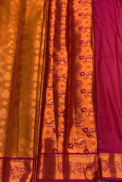 Vegan Silk Saree Golden Yellow Colour with Pink and Copper Border