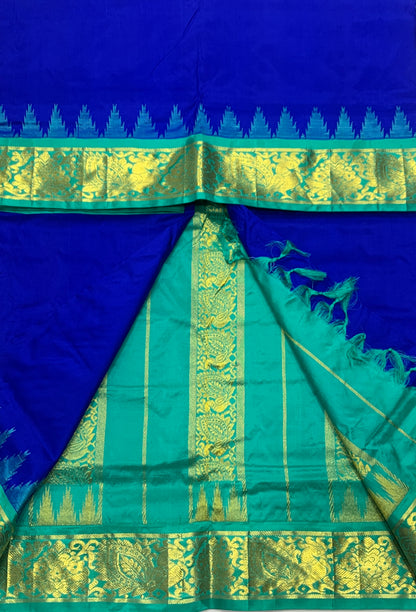 9 yards Pure Kanchipuram Silk Saree Ink Blue Colour With Light Green Border