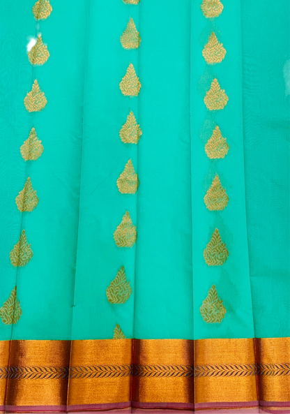 Rama Green Shade Silk Cotton Saree with Copper Zari Border