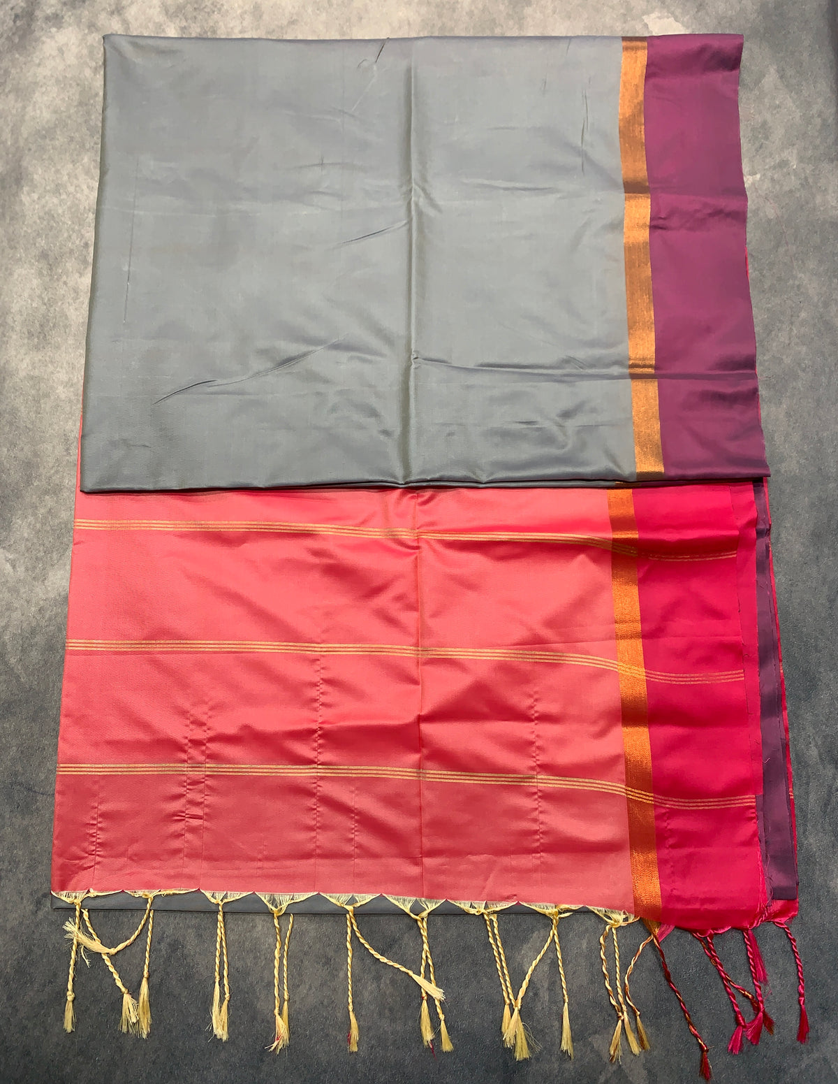 Art Silk Saree Gray Colour with Magenta and Copper Border