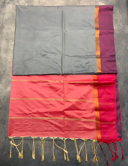 Art Silk Saree Gray Colour with Magenta and Copper Border