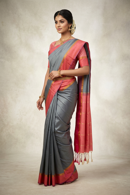 Art Silk Saree Gray Colour with Magenta and Copper Border