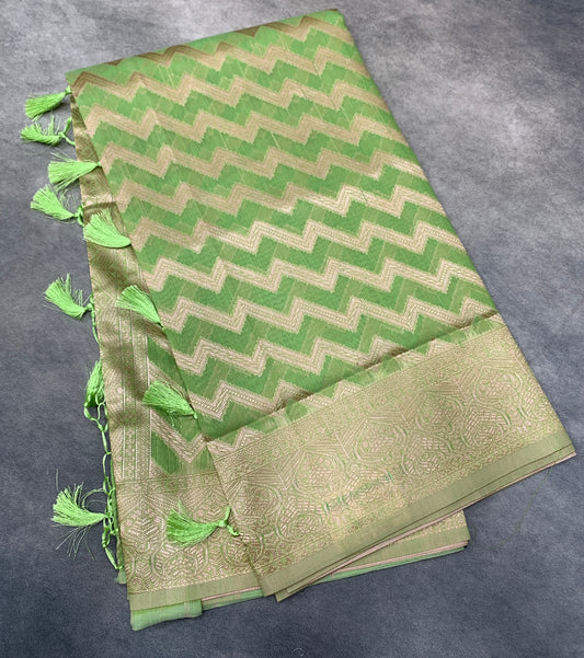 Banaras Katan Saree Apple Green Colour with Katan Work Border