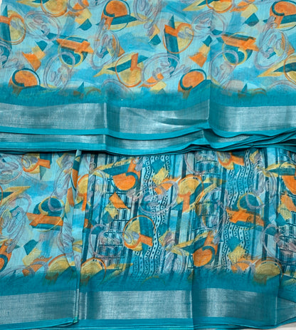 Jute Cotton Saree Sky Blue Shade with Thread Border