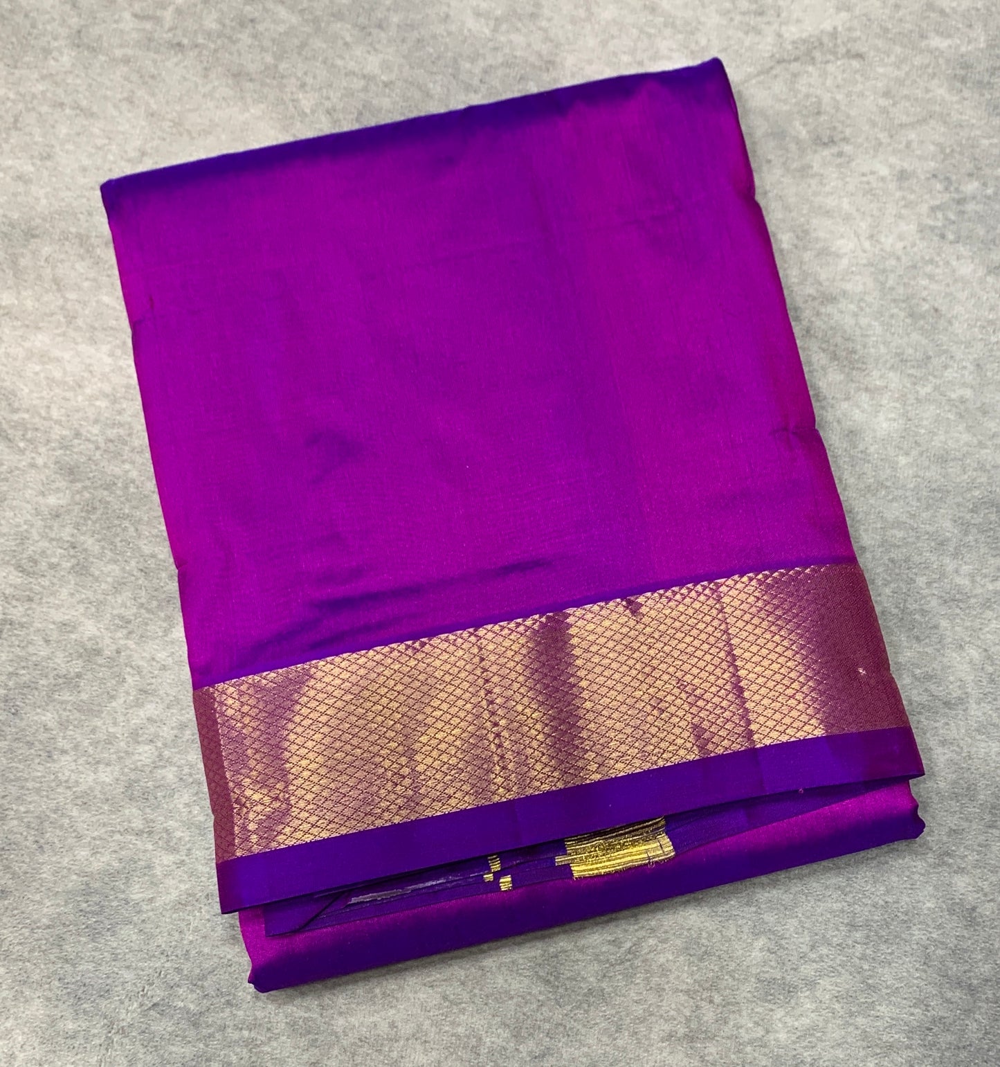 9X5 Pure Silk Dhoti Purple with Large Golden Zari Border