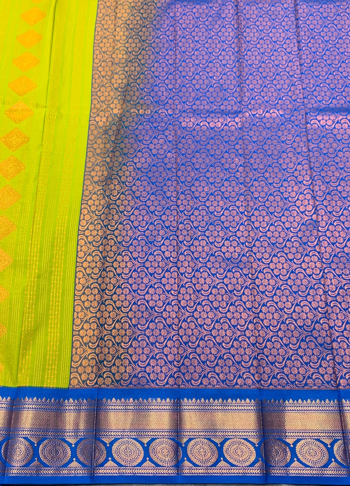 Vegan Silk Saree Lime Green Colour Saree with Blue Colour Contrast Border