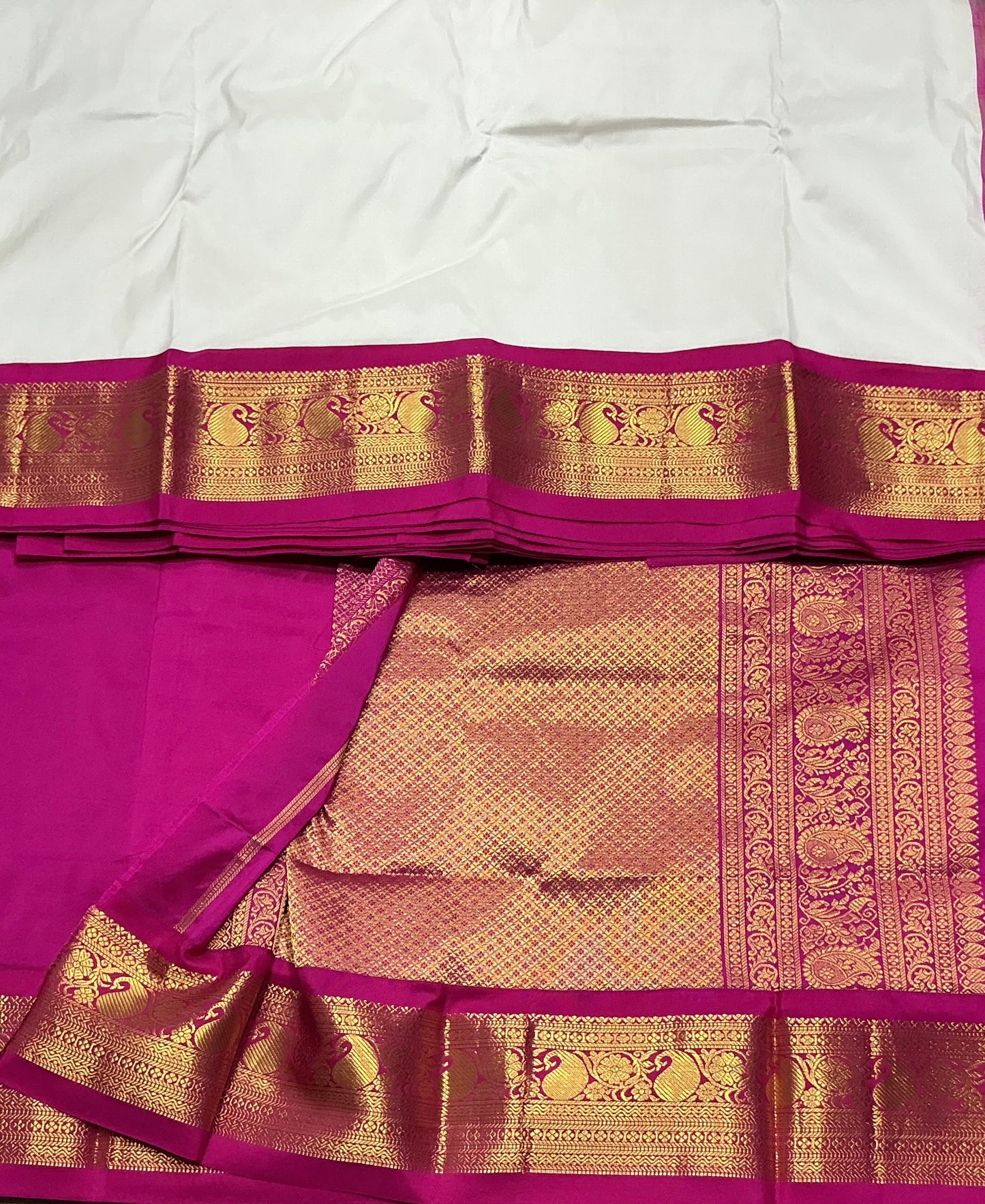 Pure Kanchipuram Silk Saree White Colour with Pink Colour Border