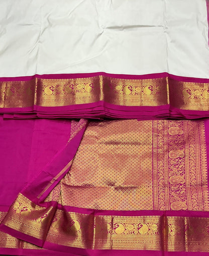 Pure Kanchipuram Silk Saree White Colour with Pink Colour Border