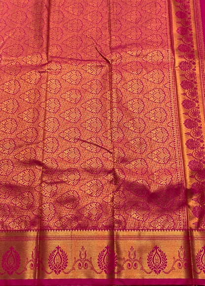 Soft Silk Casual Saree Golden Colour with Pink Colour and Copper Zari Border