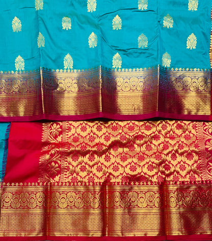 Pure Kanchipuram Silk Saree Blue Colour with Pink Border