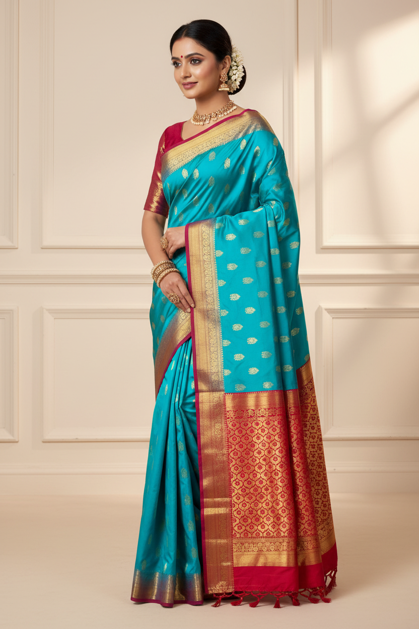 Pure Kanchipuram Silk Saree Blue Colour with Pink Border