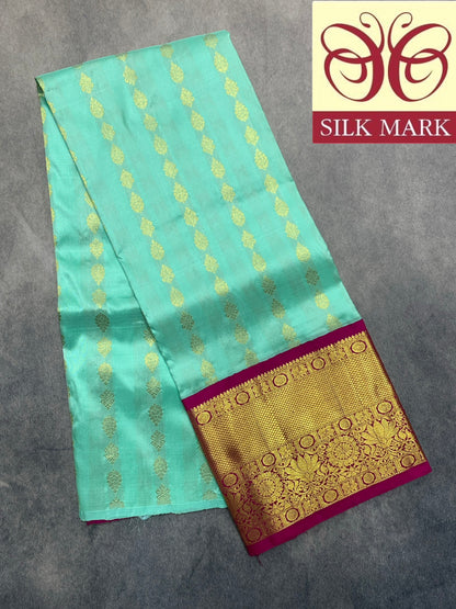 Sapphire Shade Pure Kanchipuram Kids Pattu Pavadai with Contrast Border for age 5 to 10