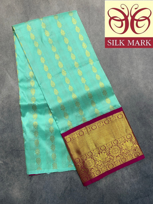 Sapphire Shade Pure Kanchipuram Kids Pattu Pavadai with Contrast Border for age 5 to 10