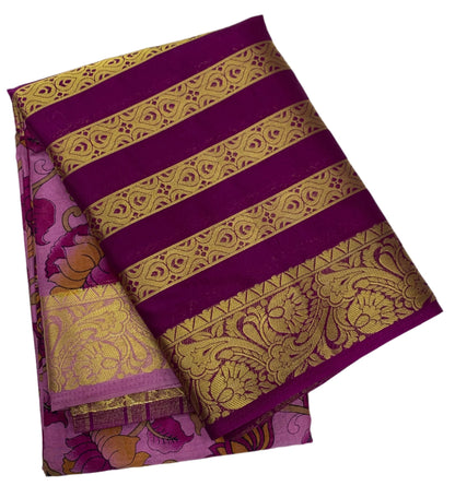 Crepe Saree Lavender Colour with Big Magenta Border