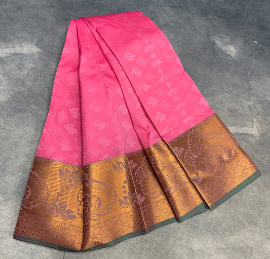 Synthetic Cotton Saree Baby Pink Colour with Golden Floral Design Border