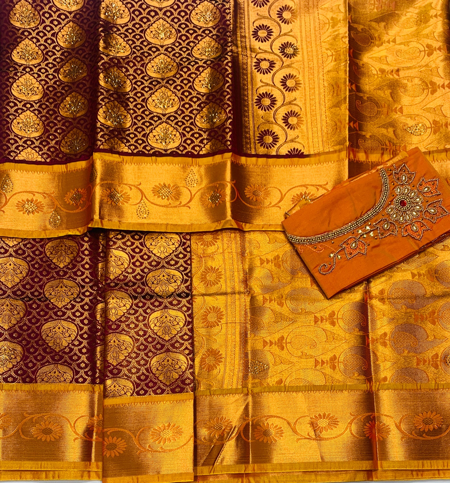 Bridal Vegan Silk Saree Brown shade with Mustard Border with Unstitched blouse in Aari work