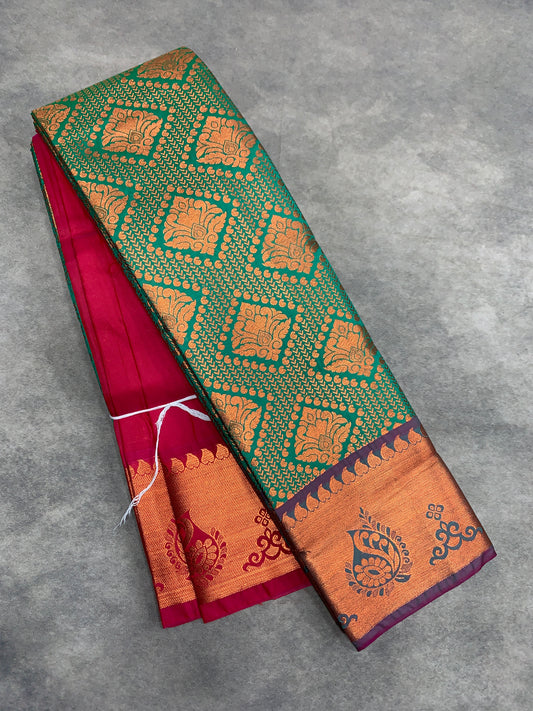 Vegan Silk Saree Light Green Colour with Magenta and Copper Border