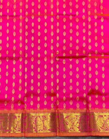 Baby Pink Shade Pure Kanchipuram Kids Pattu Pavadai with Contrast Border for Newborn to 2 Years