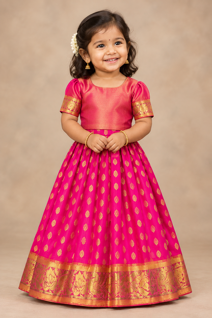 Baby Pink Shade Pure Kanchipuram Kids Pattu Pavadai with Contrast Border for Newborn to 2 Years